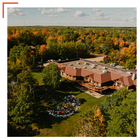 Strategic Planning Aerial view of Sugar Lake Lodge and retreat participants out on the lawn