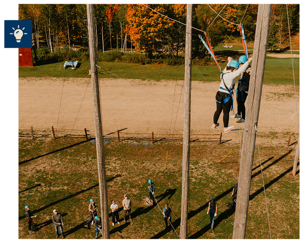 Retreat participants on high ropes course